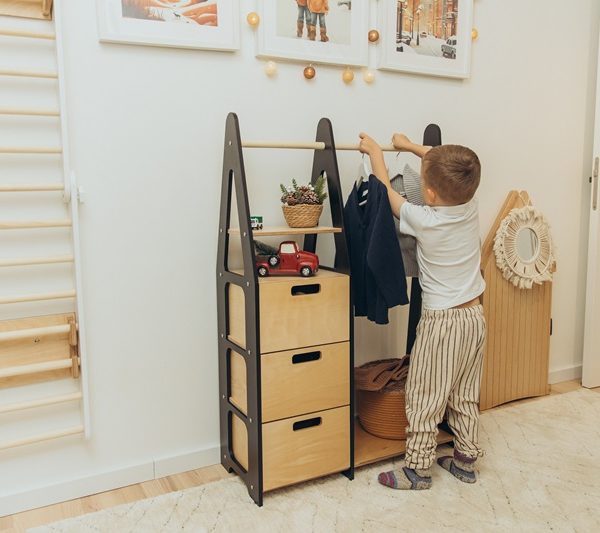 Duck Woodworks, garderob klädstång med lådor, svart/natur