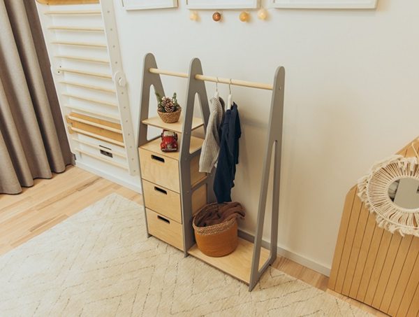 Duck Woodworks, garderob klädstång med lådor, grå/natur