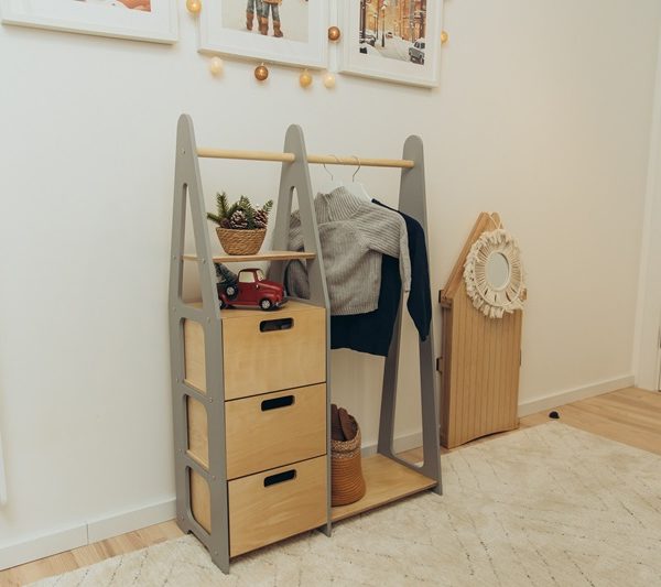 Duck Woodworks, garderob klädstång med lådor, grå/natur