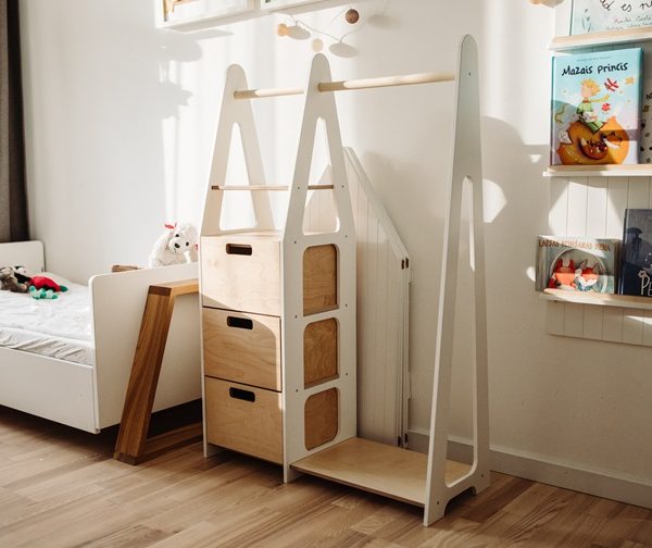 Duck Woodworks, garderob klädstång med lådor, vit/natur