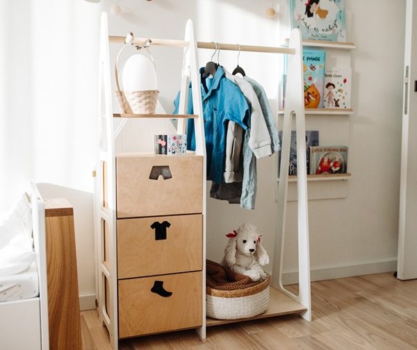 Duck Woodworks, garderob klädstång med lådor Clothes, vit/natur