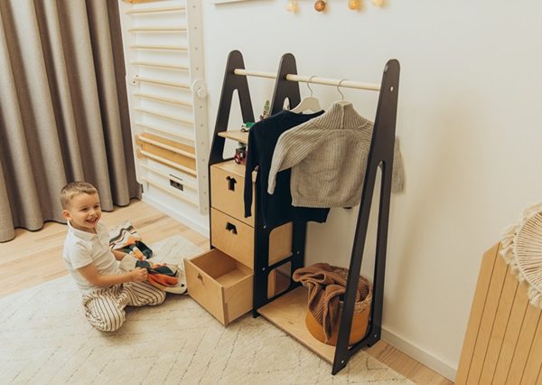 Duck Woodworks, garderob klädstång med lådor Clothes, svart/natur