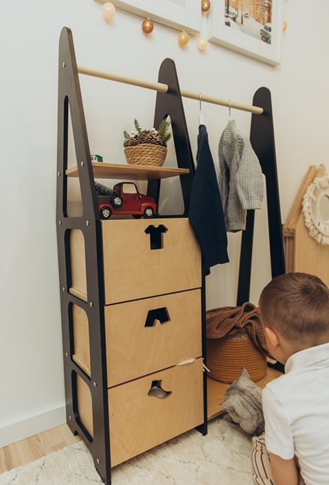 Duck Woodworks, garderob klädstång med lådor Clothes, svart/natur