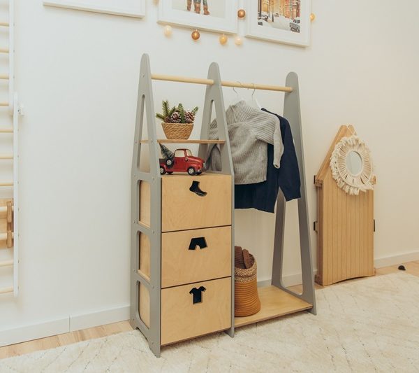 Duck Woodworks, garderob klädstång med lådor Clothes, grå/natur