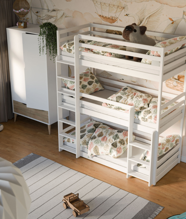 Vit våningssäng med tre sängar, Tony 90x200 cm