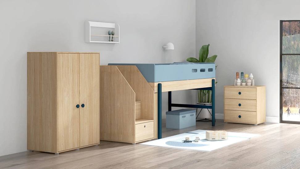 Flexa, låg loftsäng med trappa 90x200 cm Popsicle, blueberry oak - Bild 2