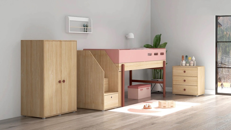 Flexa, låg loftsäng med trappa 90x200 cm Popsicle, cherry oak - Bild 2