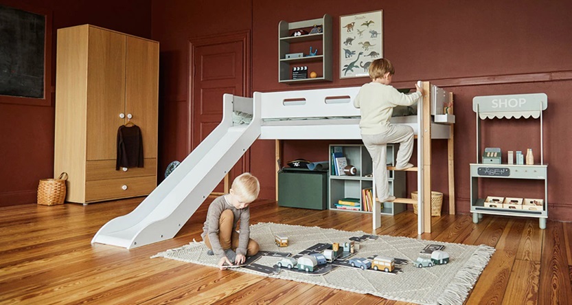 Flexa, låg loftsäng med rutschkana 90x200 cm Nor, vit/ek - Bild 3