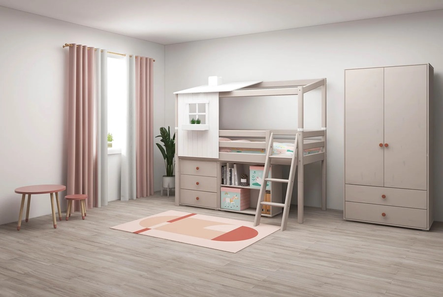 Flexa, låg loftsäng hussäng 90x200 cm Classic Half House, vit/grå - Bild 2