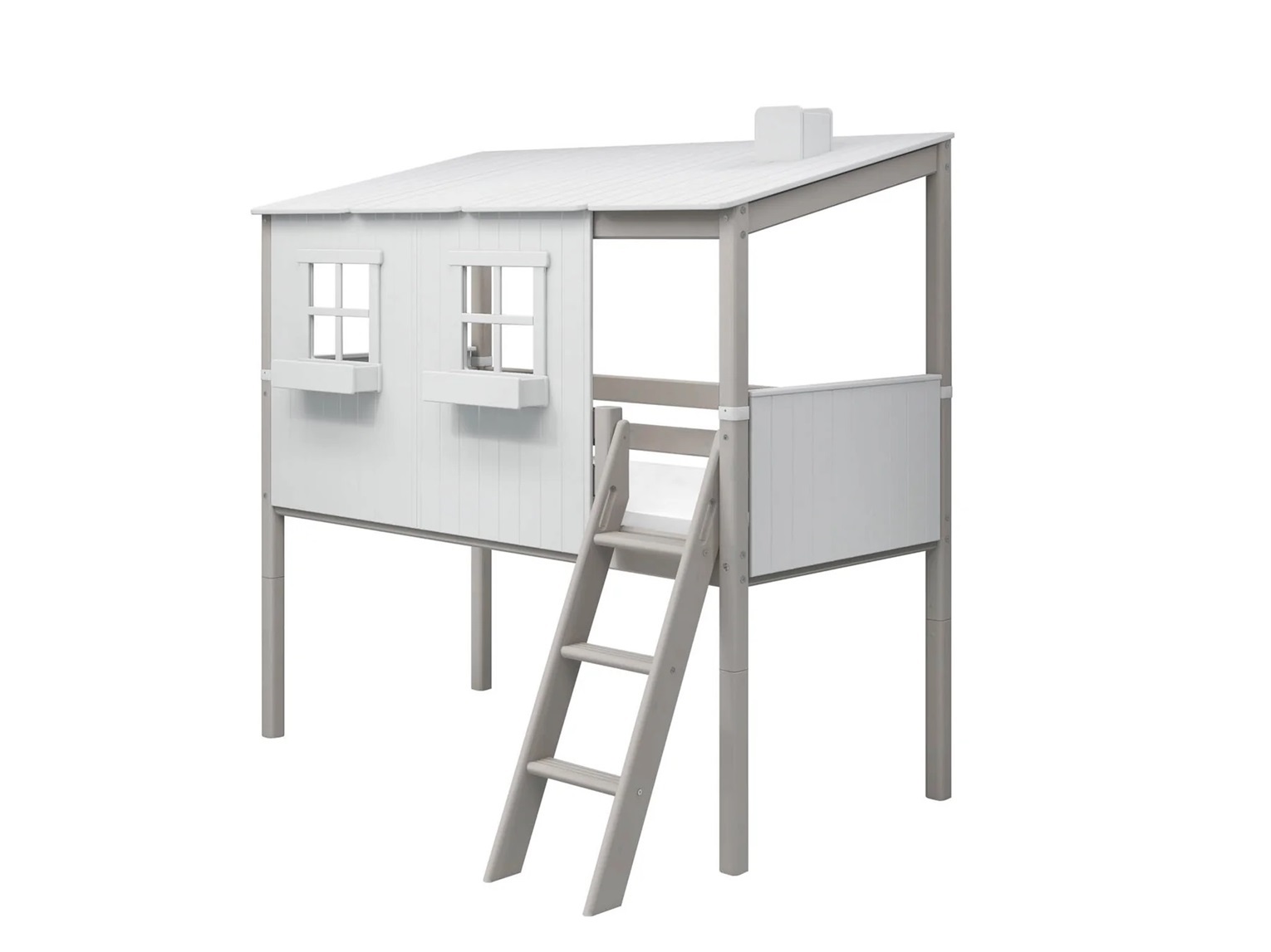 Flexa, låg loftsäng hussäng 90x200 cm Classic House, vit/grå