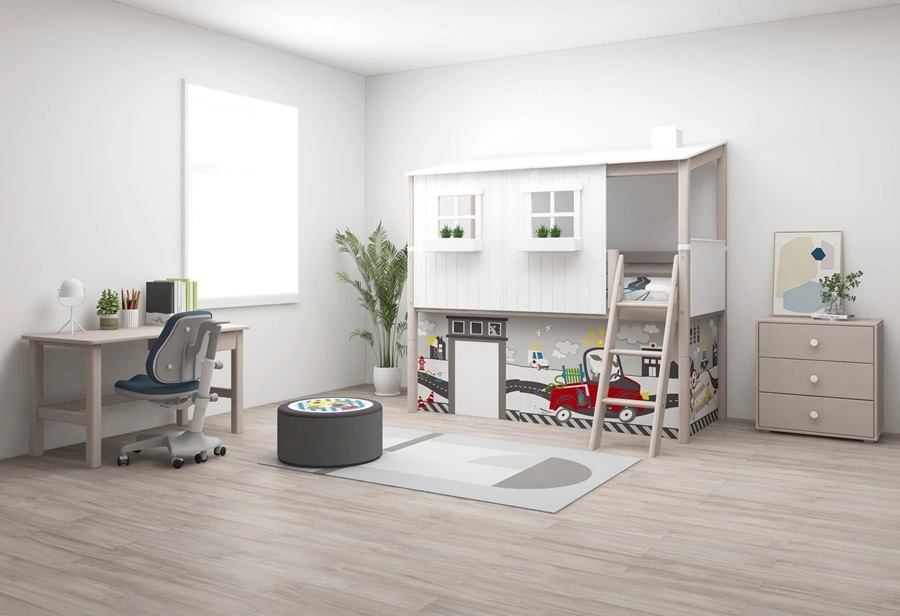 Flexa, låg loftsäng hussäng 90x200 cm Classic House, vit/grå - Bild 3