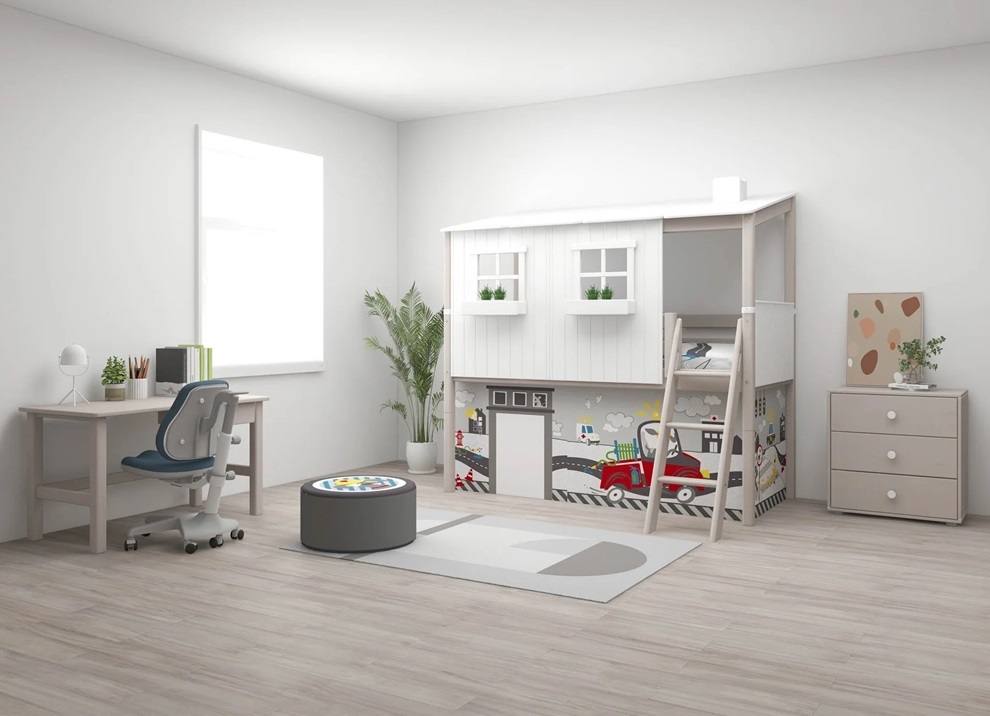 Flexa, låg loftsäng hussäng 90x200 cm Classic House, vit/grå - Bild 2