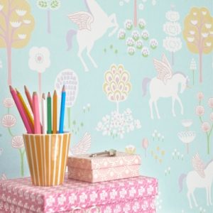 Majvillan, tapet till barnrummet True unicorns, turkos