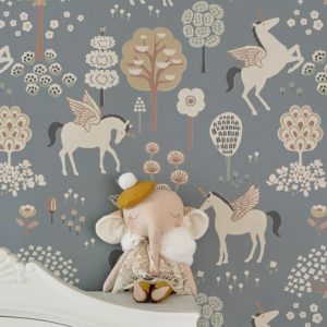 Majvillan, tapet till barnrummet True unicorns, blå