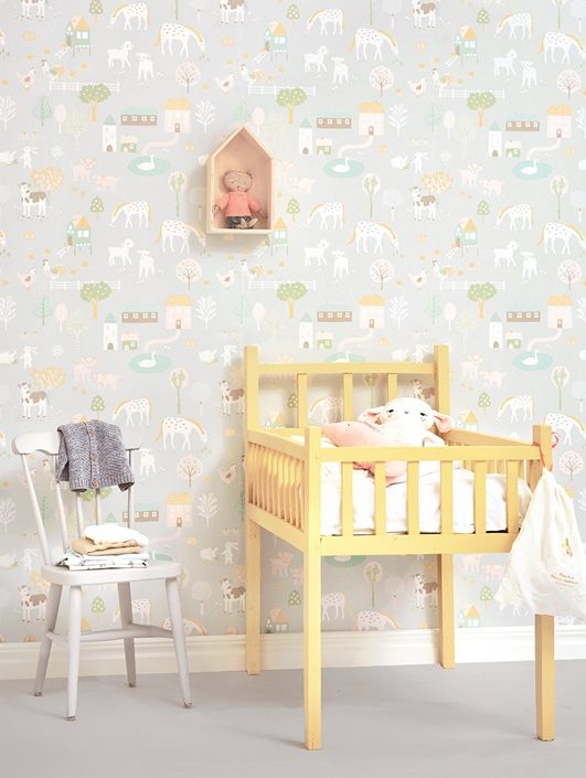 Majvillan, tapet till barnrummet My farm, soft grey
