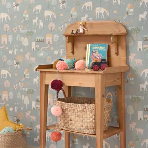 Majvillan, tapet till barnrummet My farm, stone blue