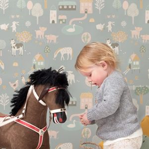 Majvillan, tapet till barnrummet My farm, stone blue