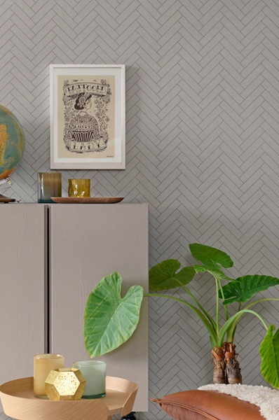 Majvillan, tapet till barnrummet Herringbone, greige blue