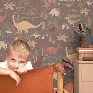Majvillan, tapet till barnrummet Dinosaur vibes, evening grey