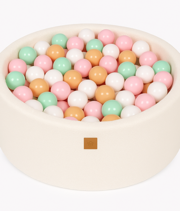 Meow, snövit boucle bollhav med 200 färglada bollar