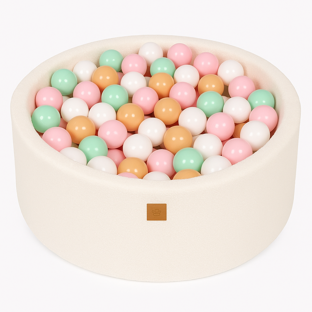 Meow, snövit boucle bollhav med 200 färglada bollar