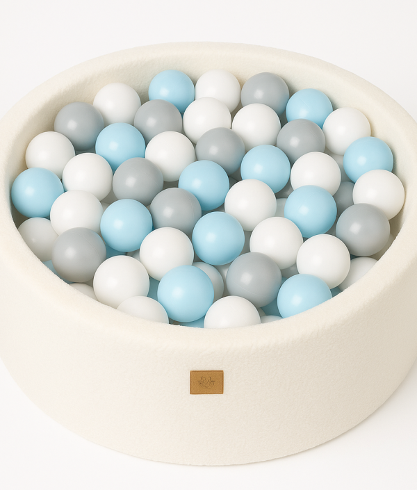 Meow, snövit boucle bollhav med 200 bollar (vit,grå,babyblå)