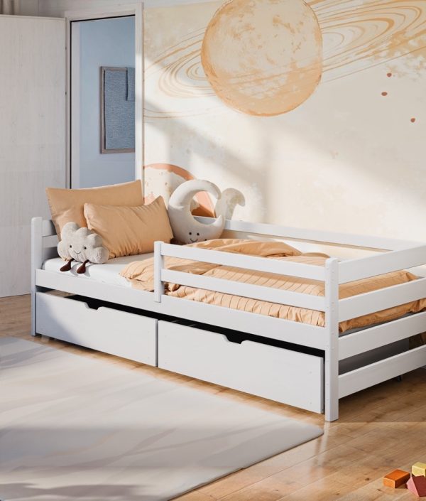 Vit barnsäng Liora 90x200 med förvaringslådor