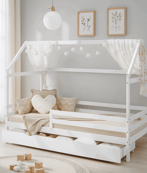 Vit Montessori hussäng 90x200 cm med förvaringslåda