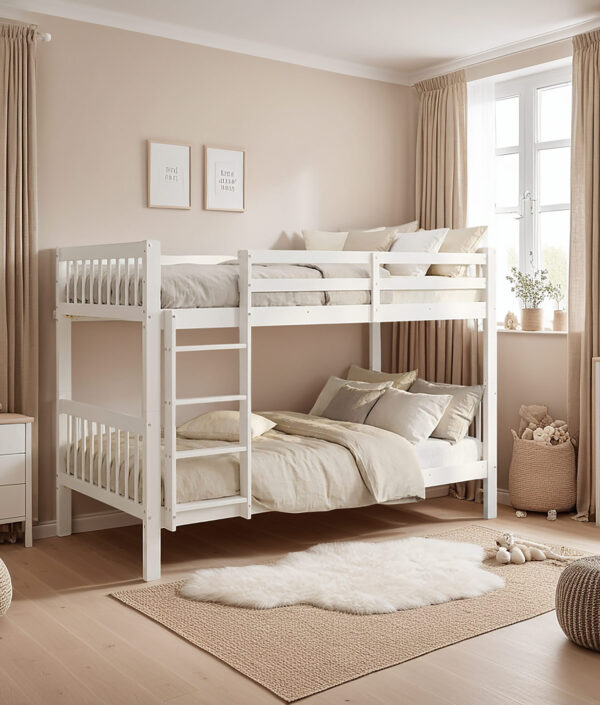 Våningssäng 90x200 cm vit – massiv furu, med fallskydd, förvaringslådor & ombyggbar design