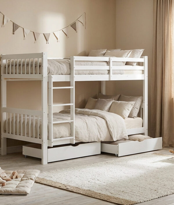 Våningssäng 90x200 cm vit – massiv furu, med fallskydd, förvaringslådor & ombyggbar design