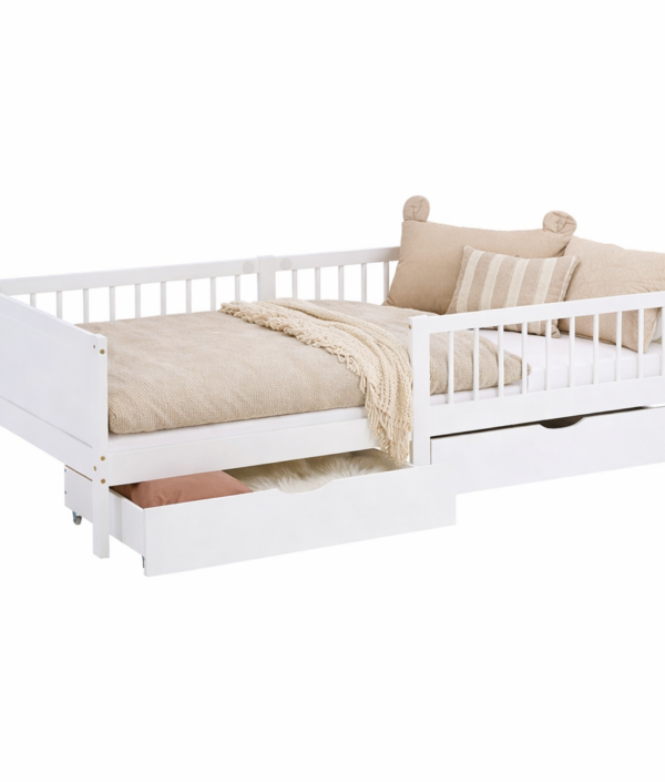 Barnsäng 90x200 cm Vit – Träsäng med 2 lådor & fallskydd