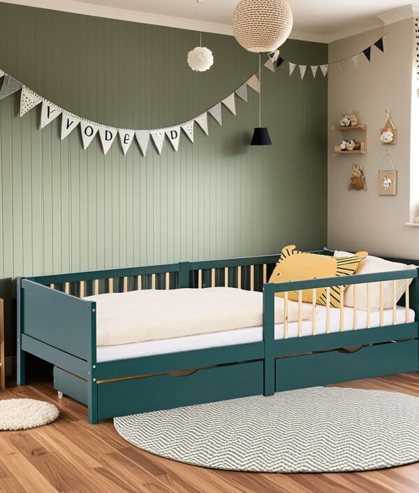 Barnsäng 90×200 cm grön – Träsäng med 2 lådor & fallskydd