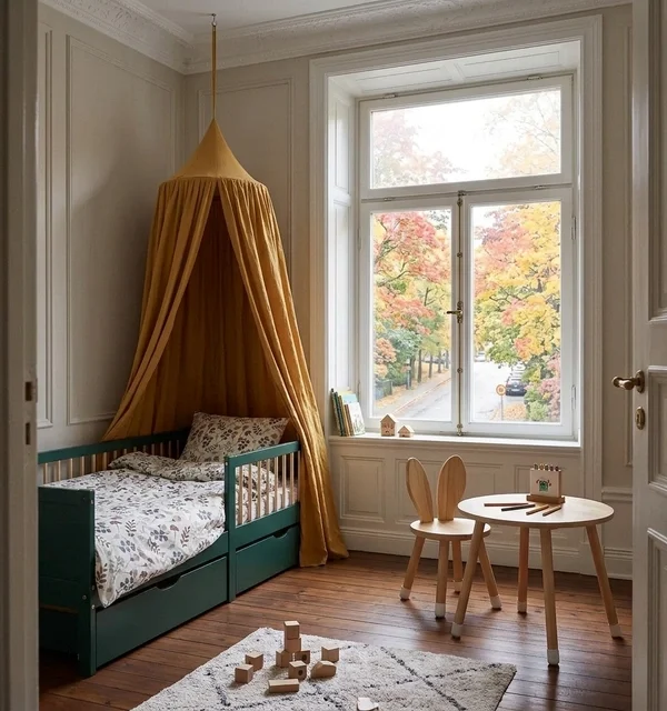 Barnsäng 90×200 cm grön – Träsäng med 2 lådor & fallskydd